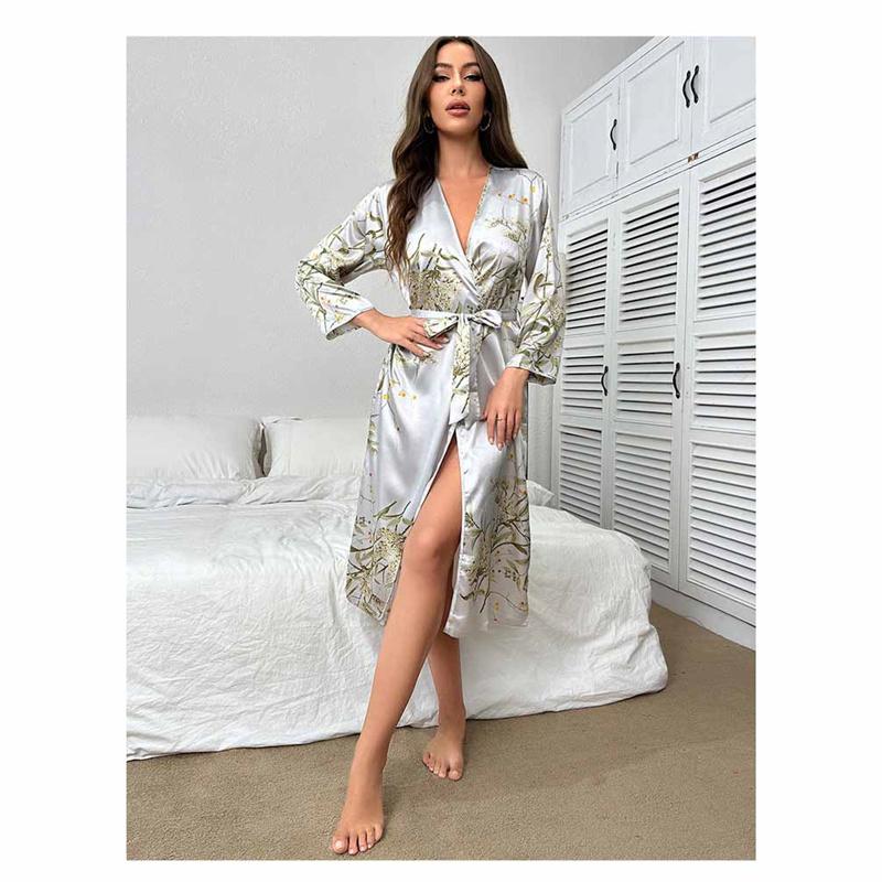Women's Pajamas Sexy Imitation Silk Loose Household Clothes Ice Silk Cardigan Lace-up Bathrobe Pajamas for Women
