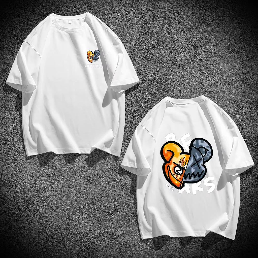 2025 New Men's Bear Print Cotton T-shirt Summer Short Sleeve Round Neck Tees Loose Classic Streetwear Oversized Unisex Tops