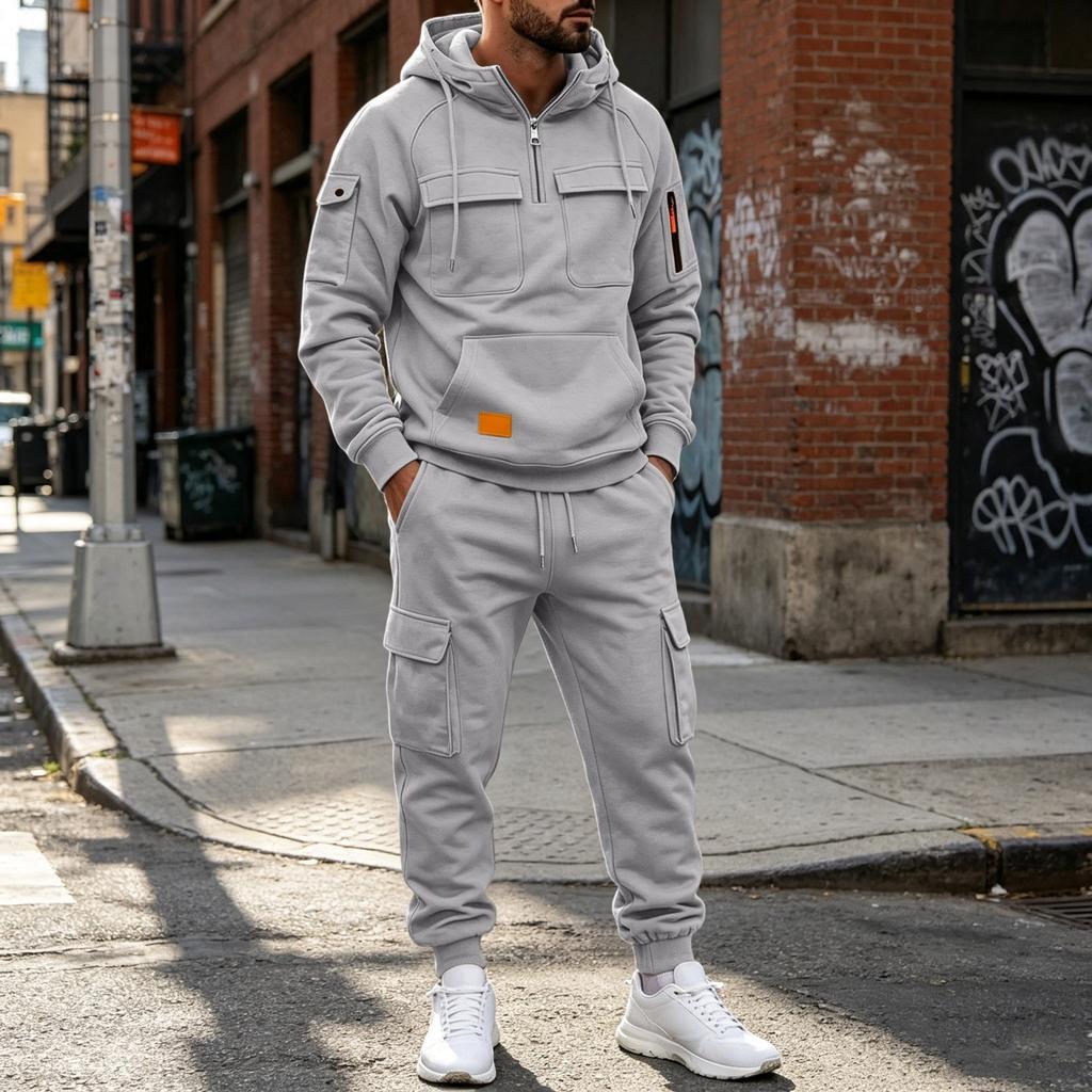 Men's Casual Multi-Pocket Set, Hoodie and Jogger Pants Two-Piece Outfit