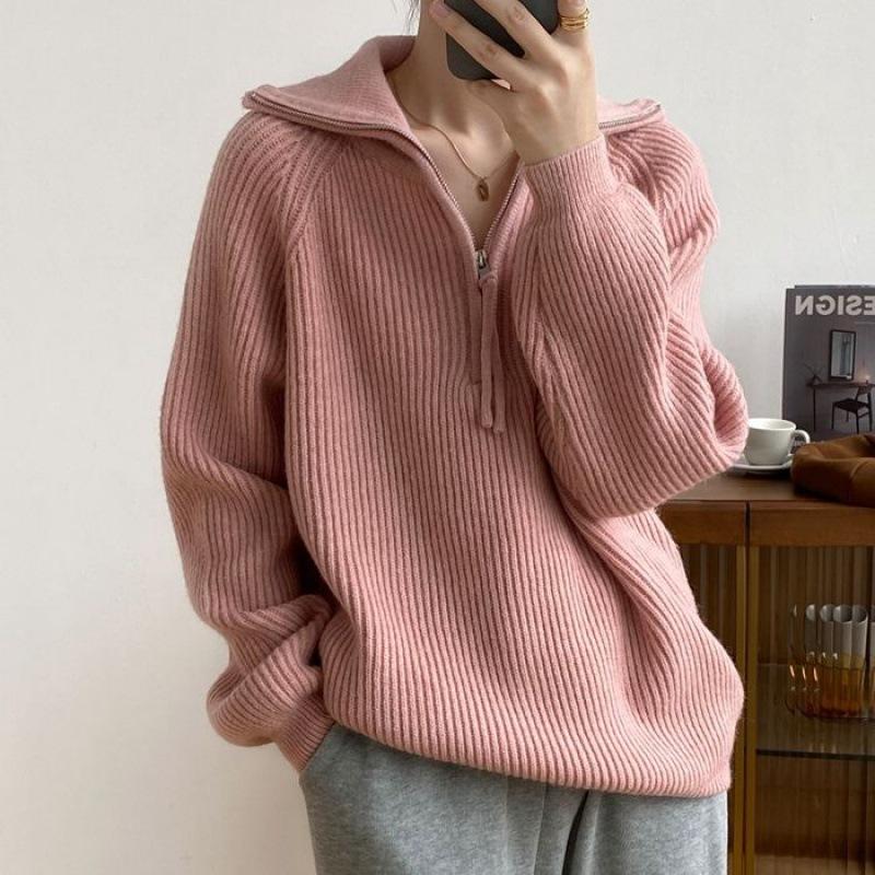 Autumn and winter new gentle solid color half-open lapel pit strip design sense small short knitted pullover sweater women