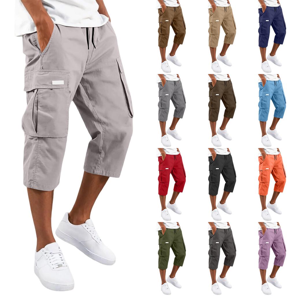 Men’s Drawstring Waist Multi Pocket Cargo Capri Pants Relaxed Fit Seven Quarter Length Casual Trousers for Everyday Wear