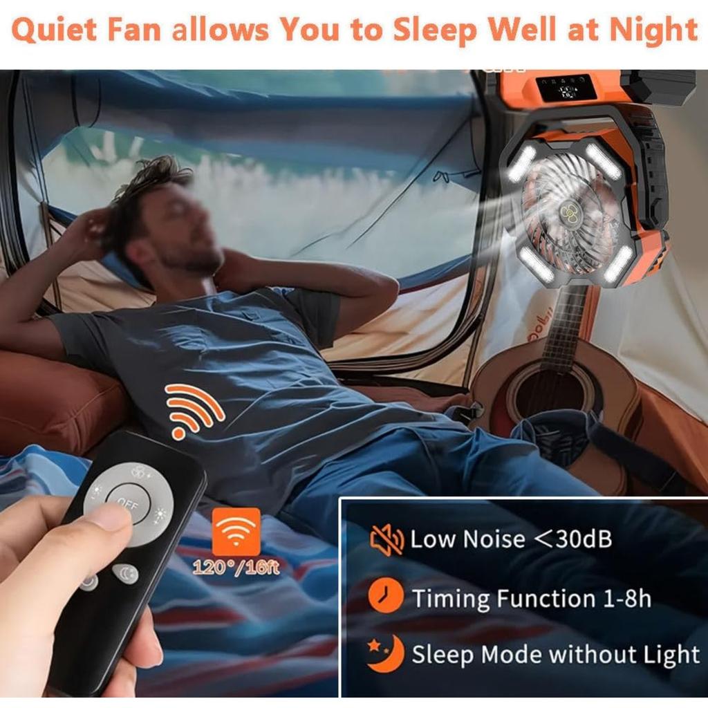 20000mAh Rechargeable Portable Camping Fan, Tent Fans with LED Lantern, 4 Wind Speeds, 4 Timer Modes, Desk Fan w/Remote, 360° Rotation Hook