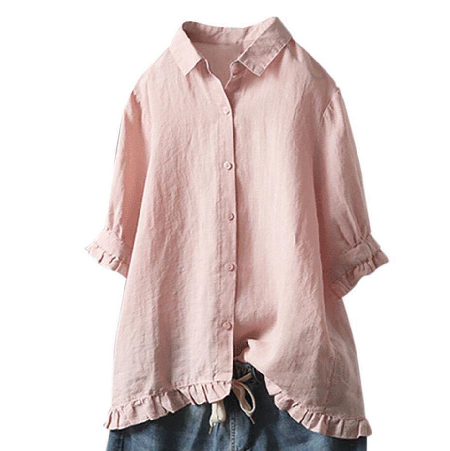 2025wish Cotton Linen Casual Ruffle Short Sleeve Women's Shirt