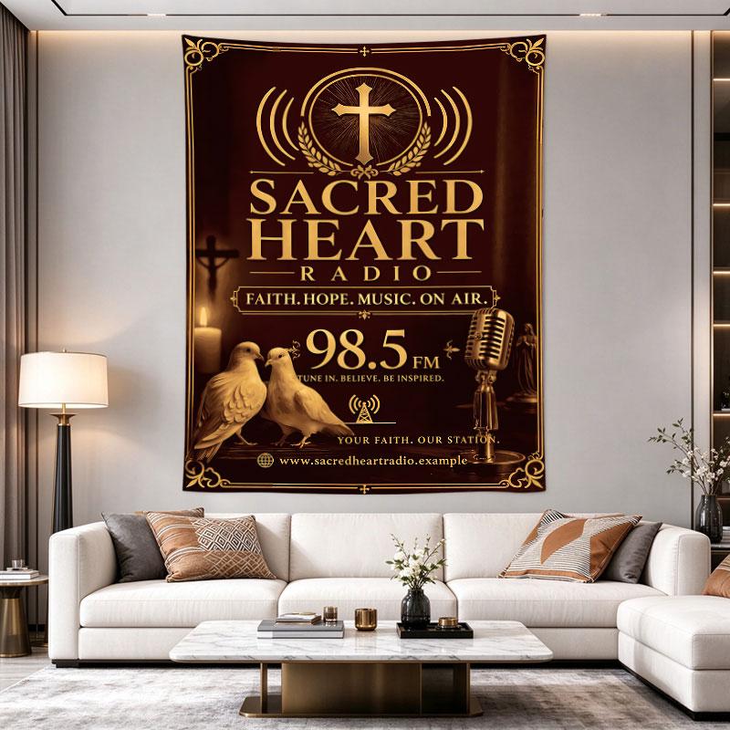 Sacred Heart Radio Vintage Gold Cross Faith Poster Art