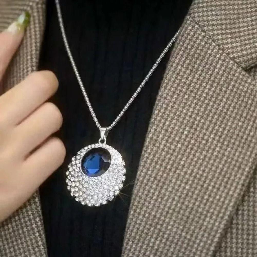Minimalist Style Long Chain Necklace Luxury Blue Round Pendant Necklace  Autumn Winter