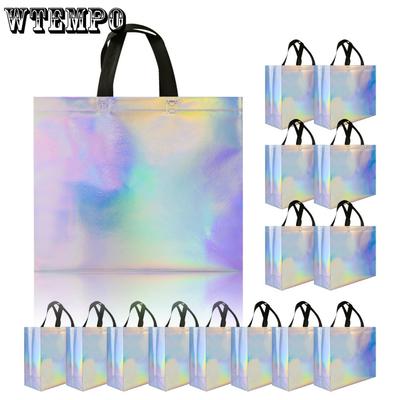 15pcs Sacs Cadeaux Iridescents Brillants Réutilisables Non-tissés Sacs à Friandises avec Poignées Pliables Résistants à l'Eau Sacs de Shopping Sacs Fourre-tout pour Anniversaire Mariage