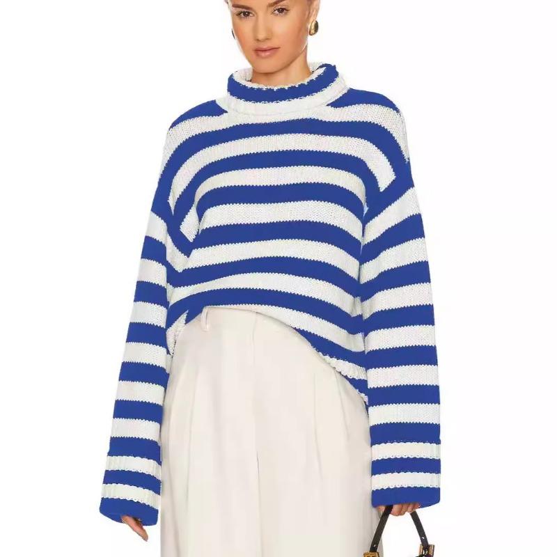 Comfortable Versatile Fashion High Neck Knitted Sweater Female Fall and Winter Loose Striped Long-sleeved Knit Sweater Sweater Coat Female