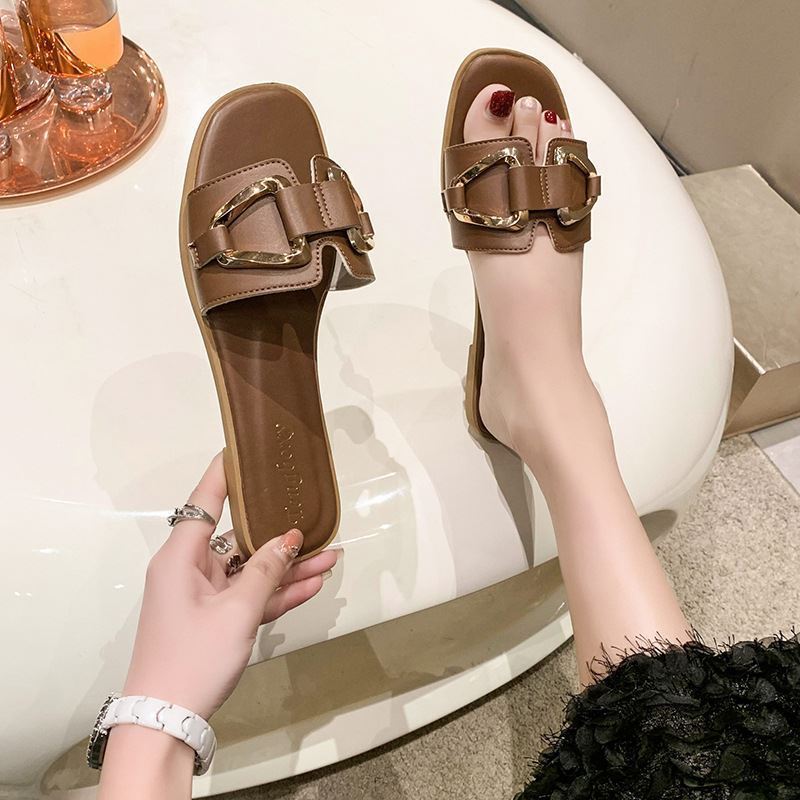 Summer Womens Large Size Pu Slide Sandals With Metal Buckle For Casual Daily Wear
