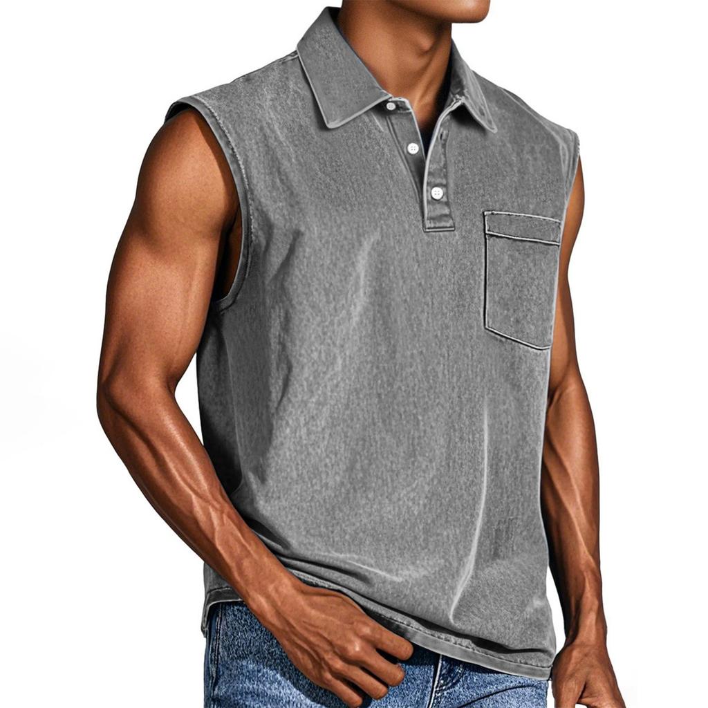 Men's Summer Solid Color Sports Pocket Buttons Lapel Vest Men's Sports Casual Vest