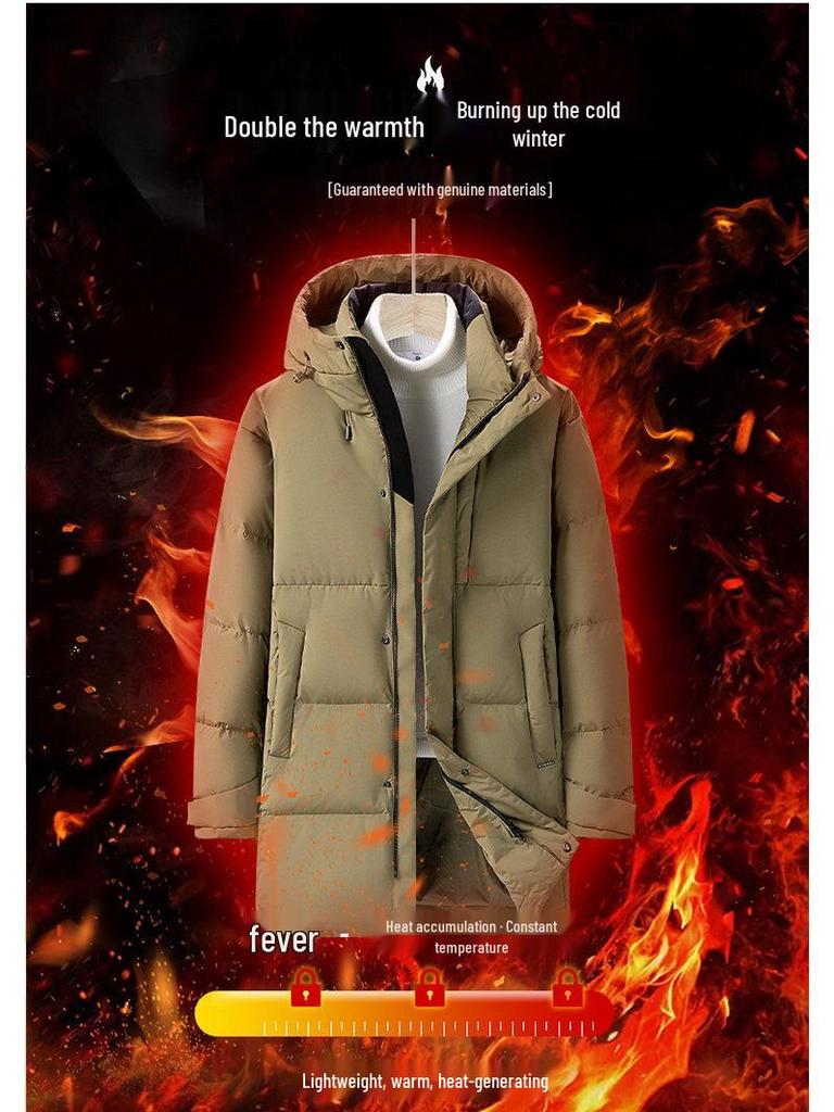 Men's Mid-Length Hooded Black Down Jacket - Thickened Winter White Duck Down Coat for Warmth