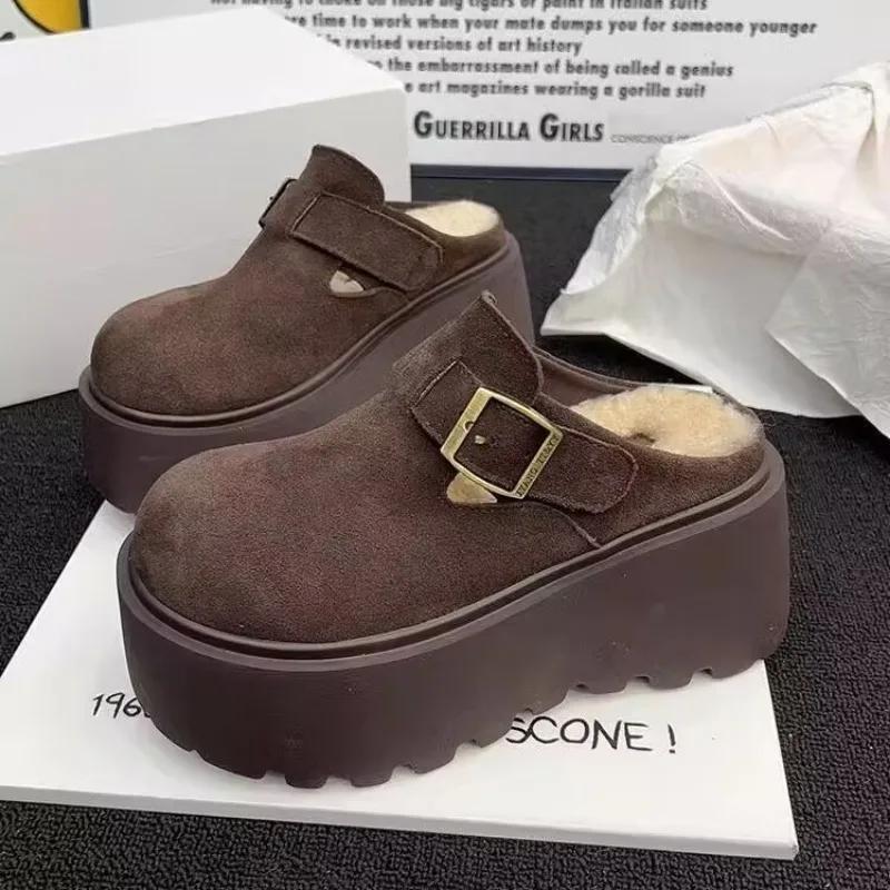 

Fashion Women s Cotton Slippers New Winter Toe-toe Slippers Fashionable Round-toe Suede Plus Velvet Thick-soled Buckle Women s Shoes 35 шоколадный