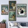 Vintage Black Cat Canvas Painting Funny Art Animal Reading Drinking Coffee Posters Living Room Decor