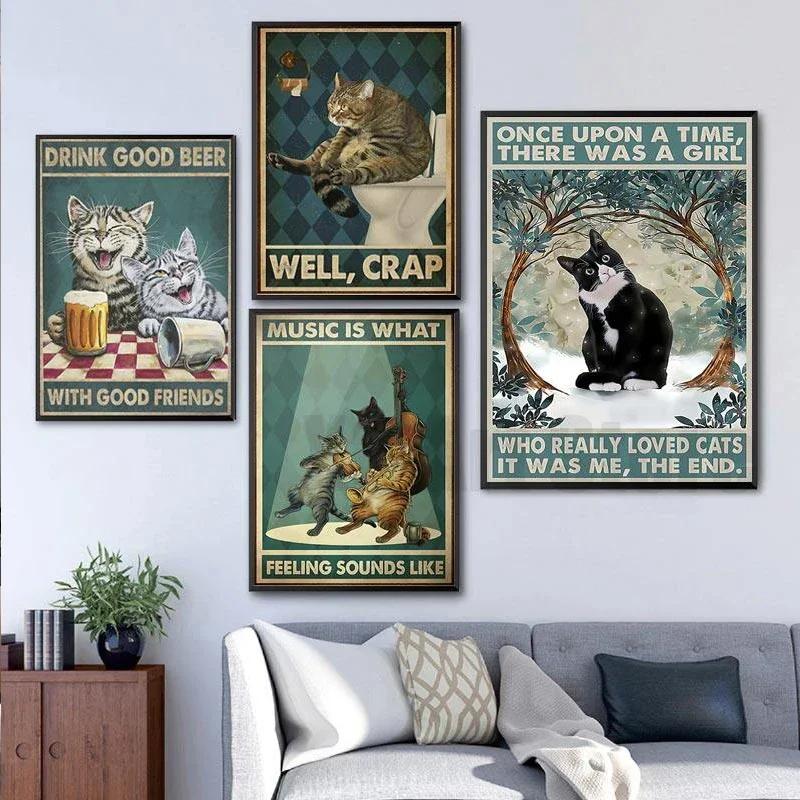 Vintage Black Cat Canvas Painting Funny Art Animal Reading Drinking Coffee Posters Living Room Decor