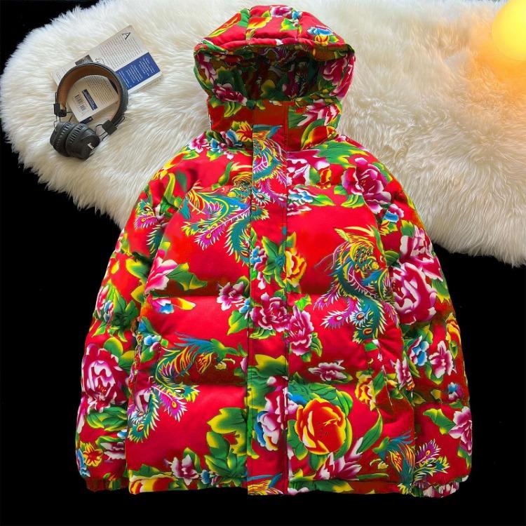 Chinese Style Hanfu Hooded Cotton Coat Loose Warm Jacket with Large Flowers