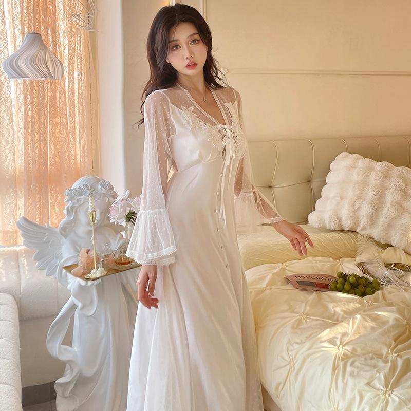 New sexy pajamas women's ice silk summer lace long dress French fairy style can be worn outside loungewear