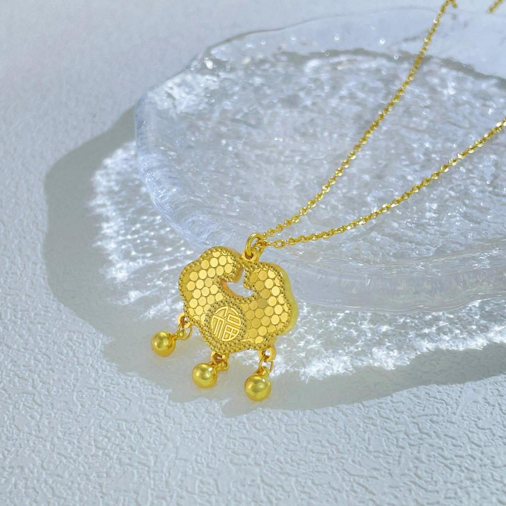Gold-Plated Ancient Peace Lock Pendant Necklace with Auspicious Cloud Bell - Chinese Style Jewelry for Women