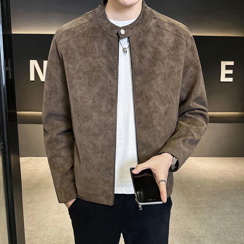 Men s Coffee-Colored Suede Stand-Collar Jacket, 2025 Autumn Trendy Brand Casual Long-Sleeve Top XL