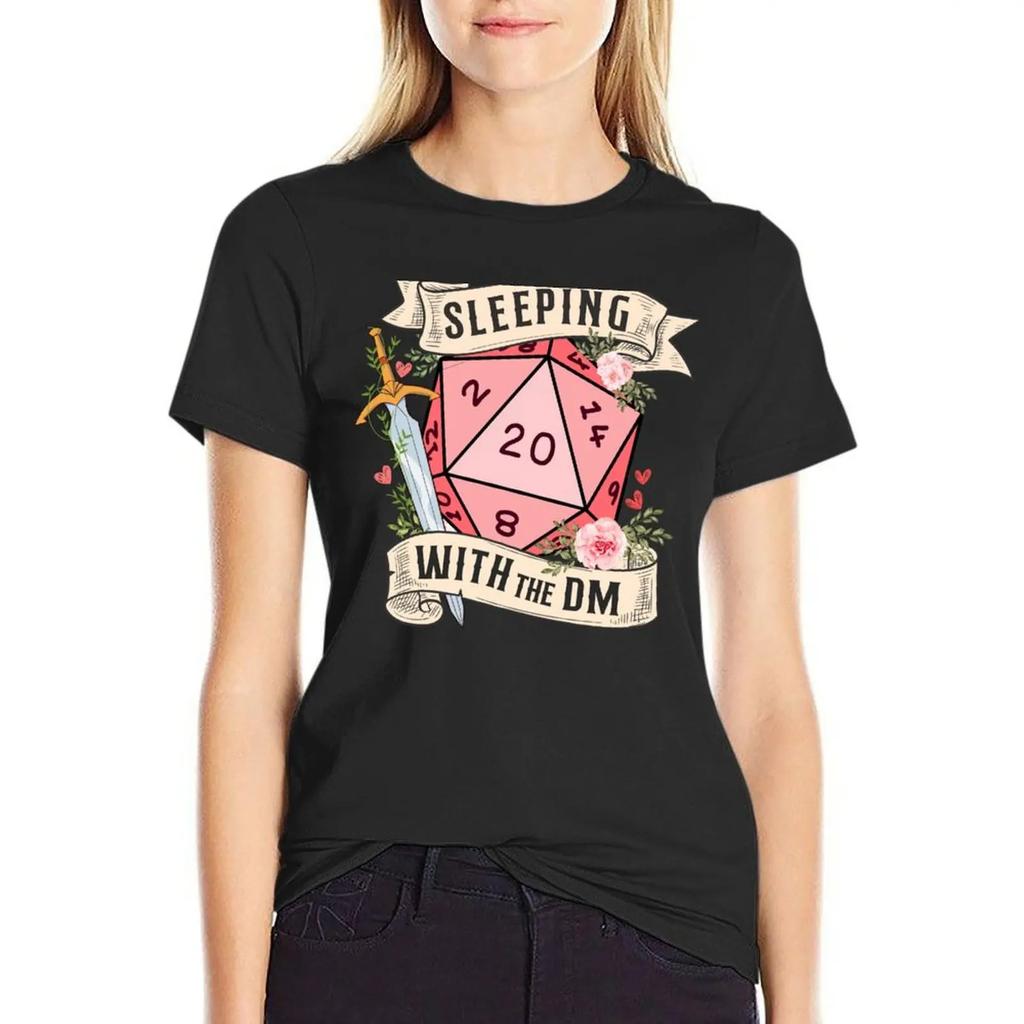 SLEEPING WITH THE DUNGEON MASTER Cute D20 Dnd Dice with Flowers and Sword TShirt Funnys Women Clothes Graphic T Shirts Y2k Top