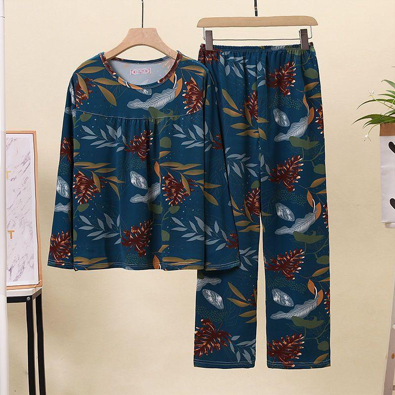 

Женский комплект пижамы осень-зима корейская версия пожилой матери повседневная домашняя одежда брюки домашний костюм большой размер 3XL темно-синий