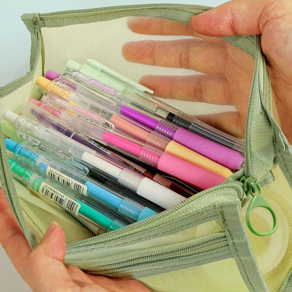 Double-Layer Pen Bag Mesh Stationery Bag High Quality Pencil Case Gift