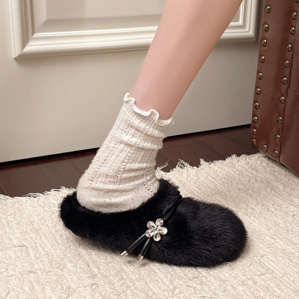 Fashion Designer Spring Autumn Women Warm Fur Shoes Fashion Shallow Slip on Ladies Flats Shoes Round Toe Women's Mary Jane Shoes