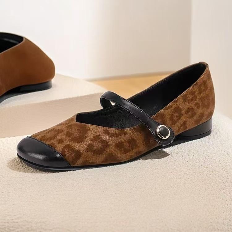 Inner Height Increase Spring and Summer Retro Suede Leopard Print Square Head Flat Sole Single Shoes Versatile Soft Sole Word with Mary Jane Shoes