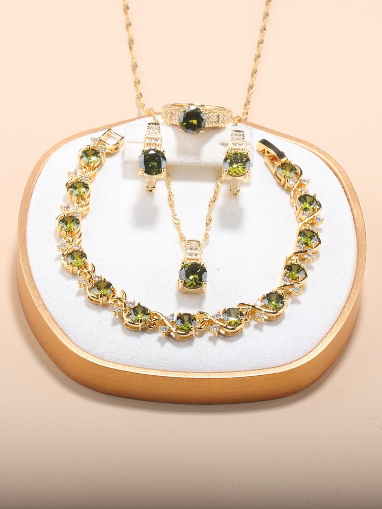5-Piece New Moroccan Wedding Jewelry  Gold Plated Costume Necklace And Earrings Green Sets African Women Classic Accessories