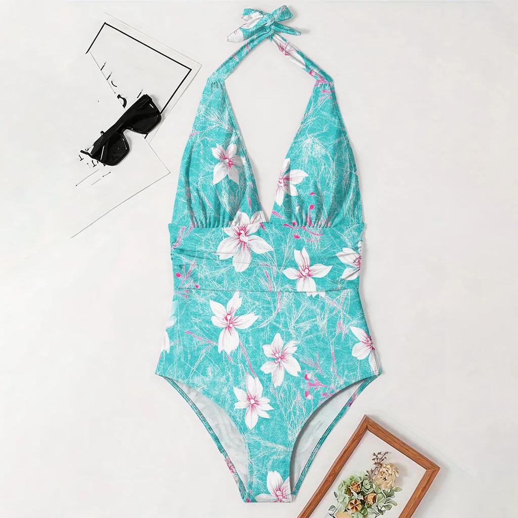 Neck Swimsuit with Floral Print V Neck Bathing Suit for Women Comfortable Fit