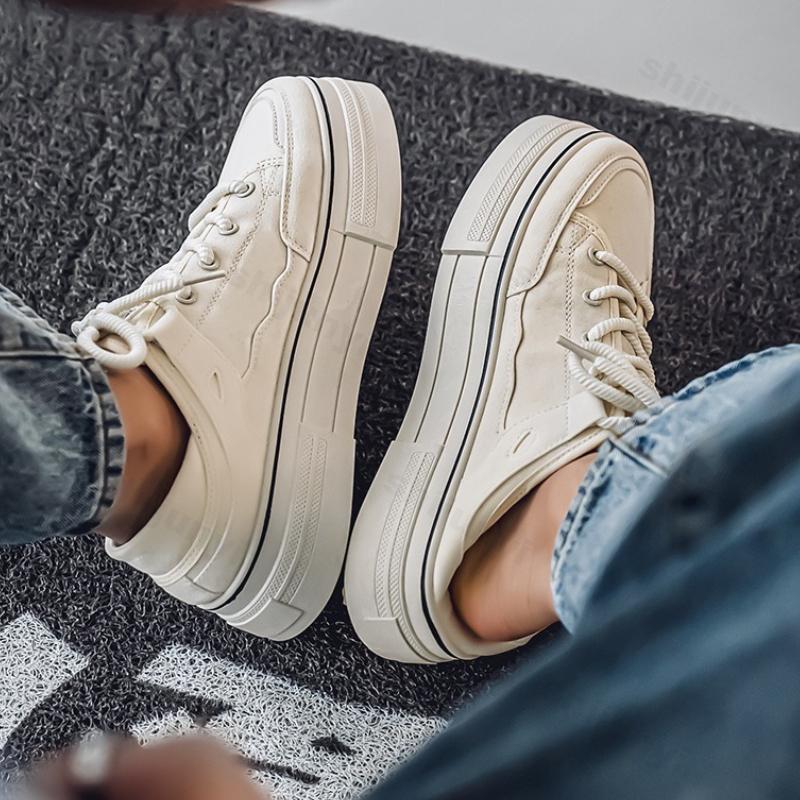 Men's Platform Canvas Shoes Spring Autumn New Height Increase Non Slip Half Slippers Comfortable Fashion Cross Tied Casual Flats