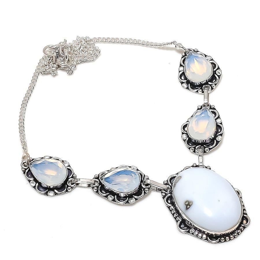 Natural Moonstone, Opal Gemstone 925 Sterling Silver Jewelry Necklace 18" R0p83