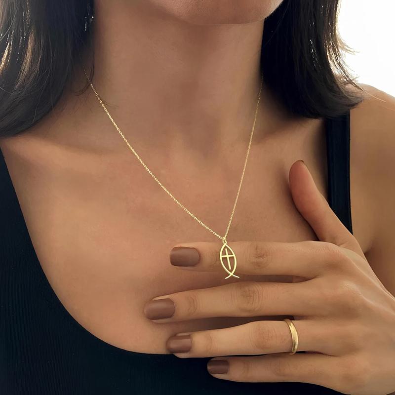14K Gold Plated Jesus Fish Cross Necklace Stainless Steel Ichthys Necklace For Women Christian Faith Jewelry