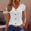 New Summer Jacquard V-neck Lace Blouse Women Solid Color Buttons T-shirt Short Sleeve Casual Top Fashion Woman Sweet Simple Elegant Shirts Loose