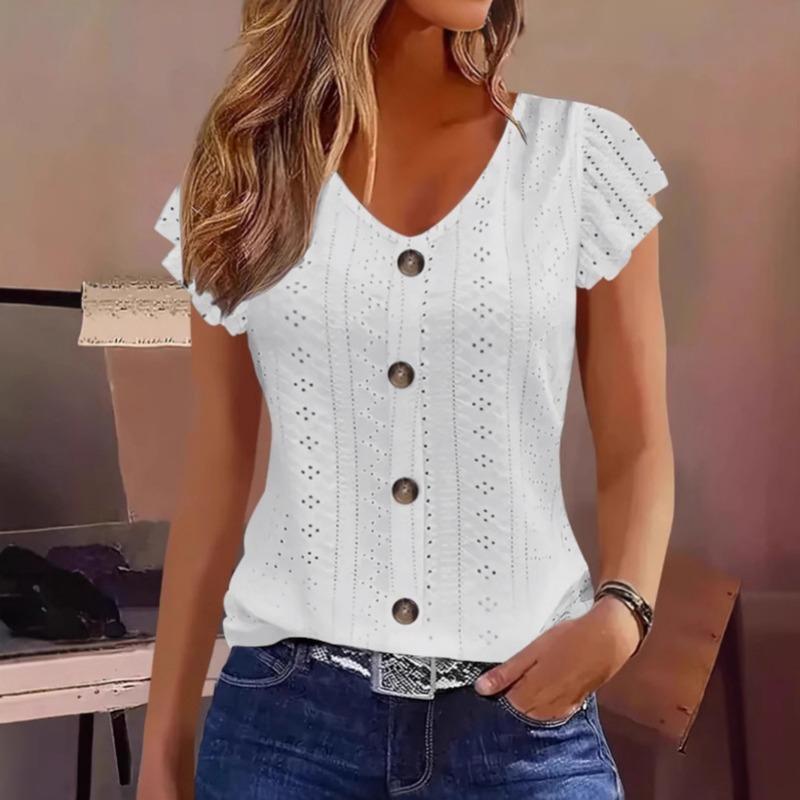 New Summer Jacquard V-neck Lace Blouse Women Solid Color Buttons T-shirt Short Sleeve Casual Top Fashion Woman Sweet Simple Elegant Shirts Loose