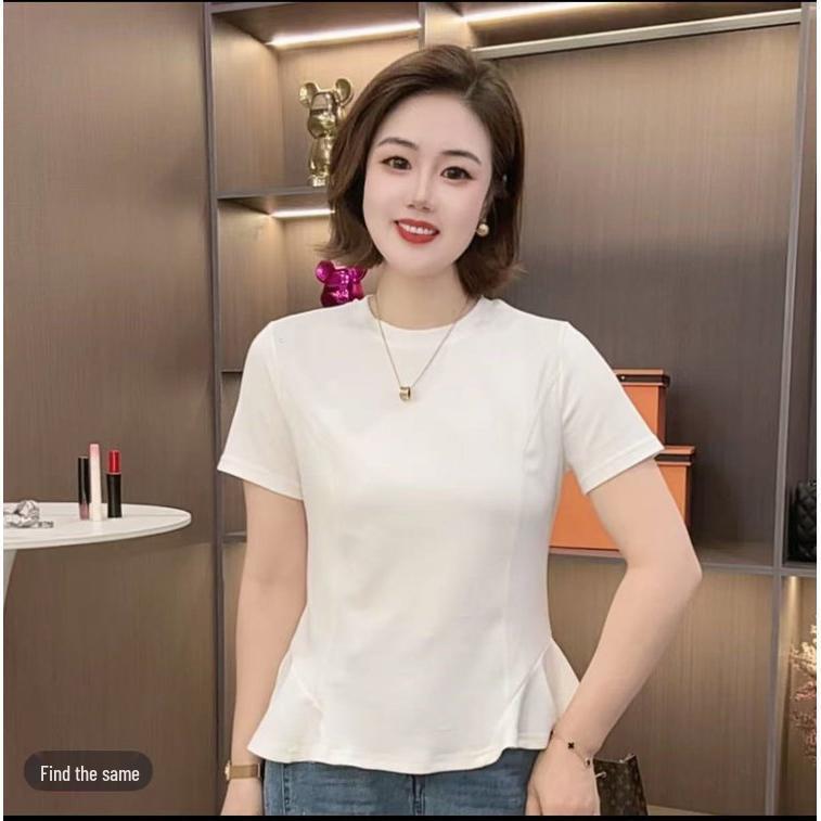 2026 Summer Women's Ruffle Hem Jelly Cotton Slim Fit T-shirt, Round Neck, Short Sleeve, Solid Color