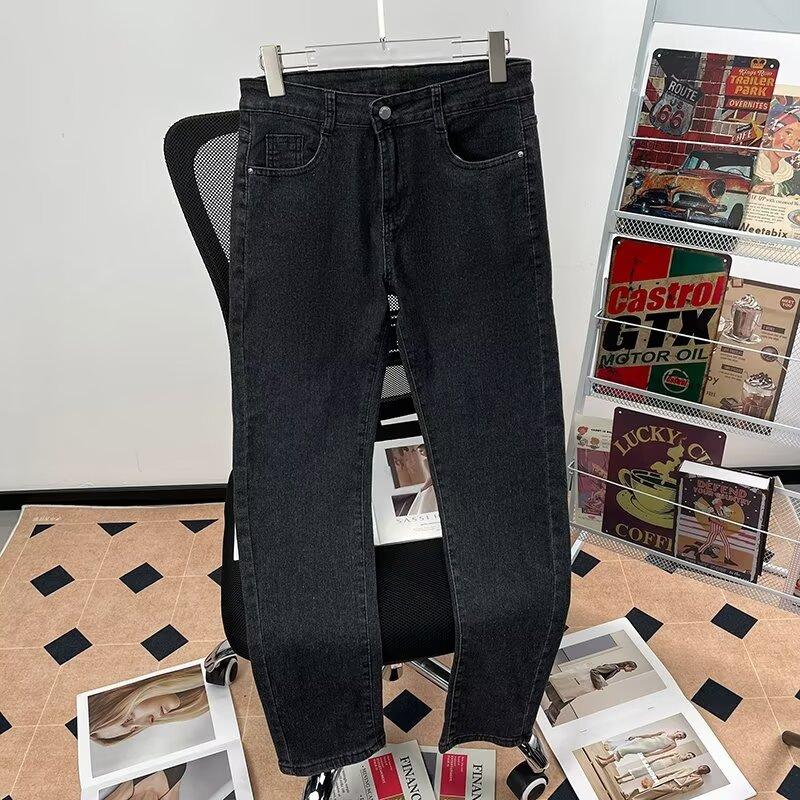 Solid Color Jeans Men's Versatile Trendy Casual Pants Stretch Slim Straight Thickened Long Pants