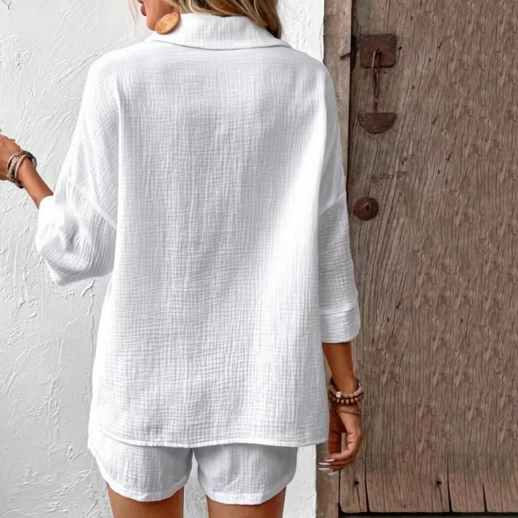 Women's  Color Casual Shirt Collar Casual Two-piece Set