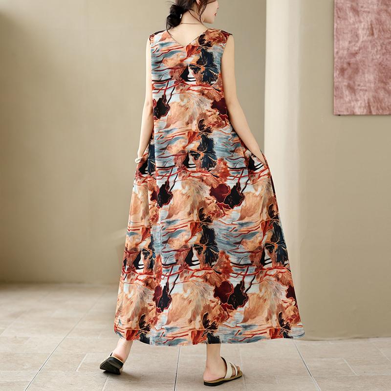 DIMANAF 2026 New Women Plus Size Summer Lady Long Dress Loose Oversize Maxi Floral Print Beach Sundress Clothing Vest Sleeveless