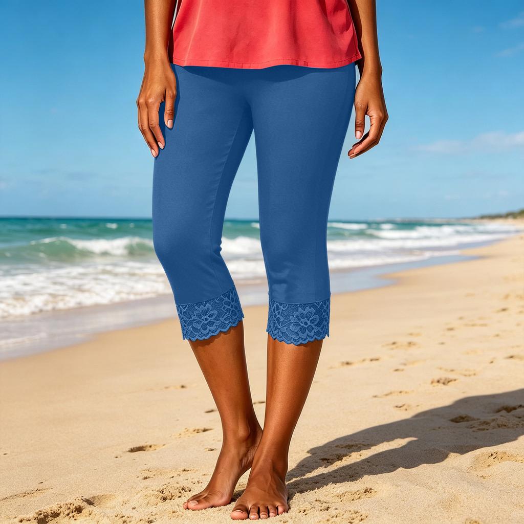 Damen Mode Einfarbig Elastische Taille Caprihose Schmal Geschnitten Spitze Besatz Leggings Freizeit Sporthose