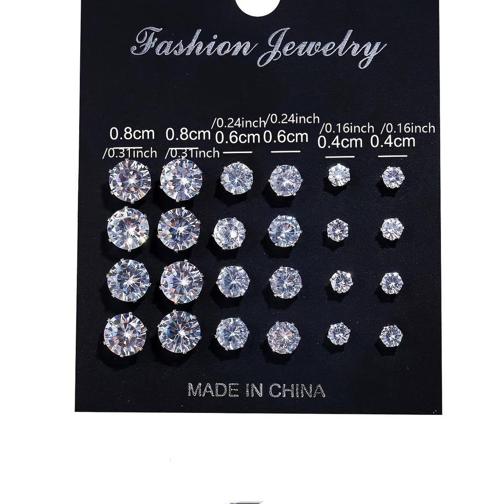 Geometric Six-Prong Crystal Zircon & Retro Pearl Stud Earring Set (12 Pairs)