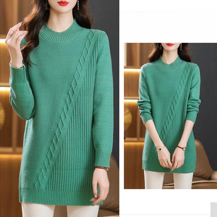 Mid-length Sweater Loose Half Turtleneck Pullover for Women Solid-color Casual Knitted Sweater for Autumn and Winter