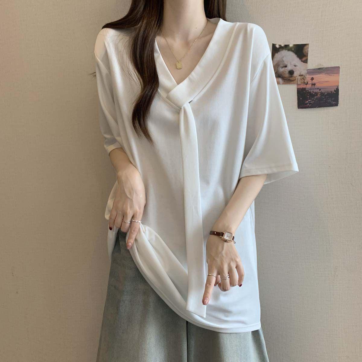 

Женская футболка большого размера с V-образным вырезом, на шнуровке, с коротким рукавом - Летняя коллекция 2025, Свободный крой, Стройнящая, Универсальная мода S (for 60-80 kg) белый