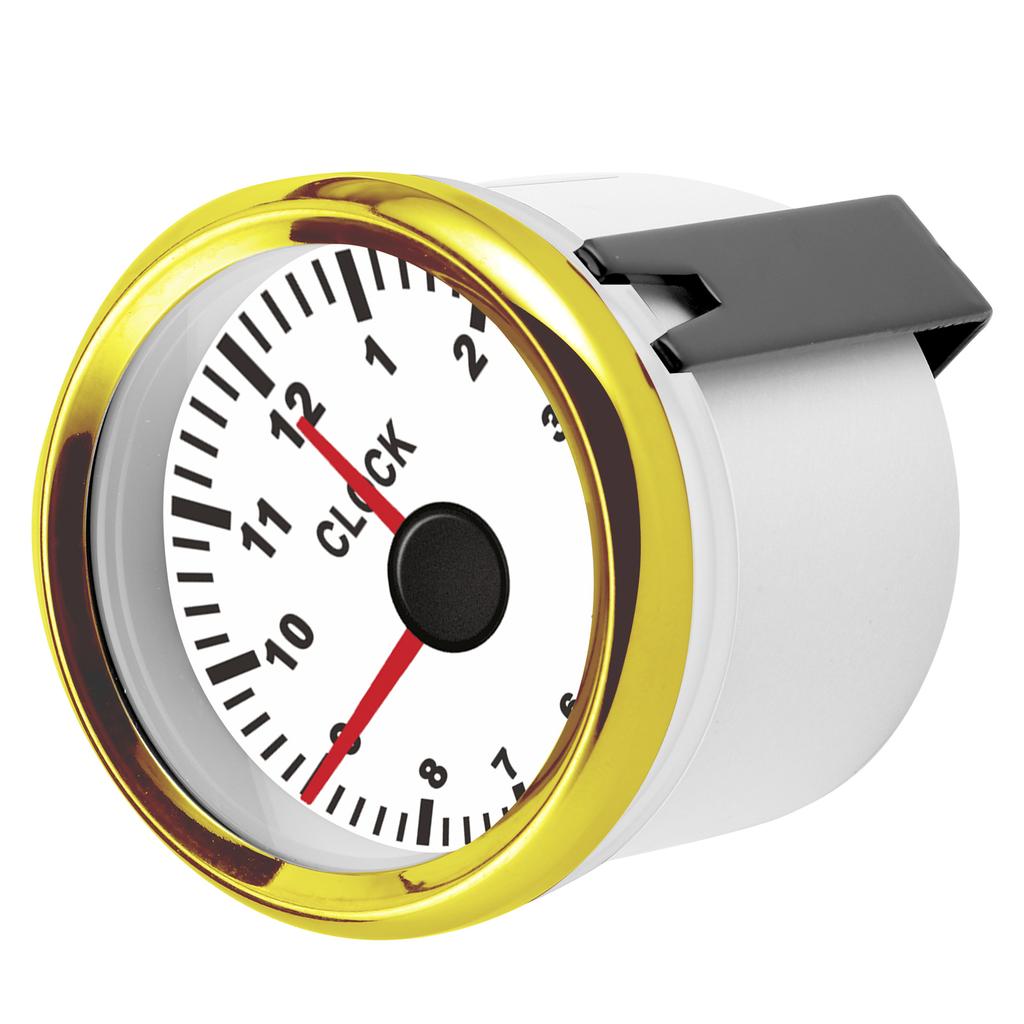2in Universal Clock Gauge Instrument 0‑12 Hourmeter Red Backlight 12V 24V for Car Boat Yacht MotorcycleWhite Dial Gold
