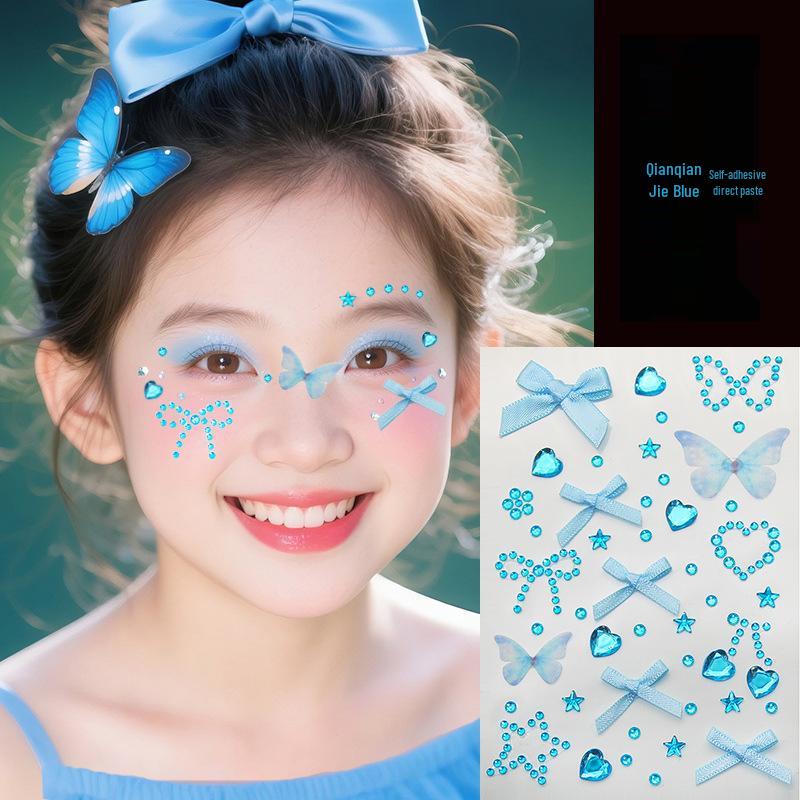 Blue Star Diamond Face Stickers: Adhesive Rhinestone Designs for Tear Eye Makeup, Perfect for Music Festivals.