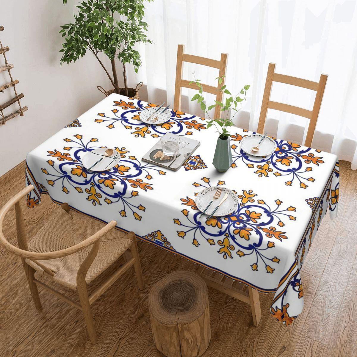 Jingyue Pet Unisex Blue/Orange Traditional Portuguese Azulejo Floral Tile Pattern Rectangular Tablecloth Table Cover For Dining Events Table Cloth
