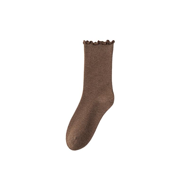 Black Fungus Edge Socks, Women's Solid Color Cotton Mid-calf Socks, Boneless Pile Socks for All Four Seasons, Rolled-up Postpartum Socks, Long Socks