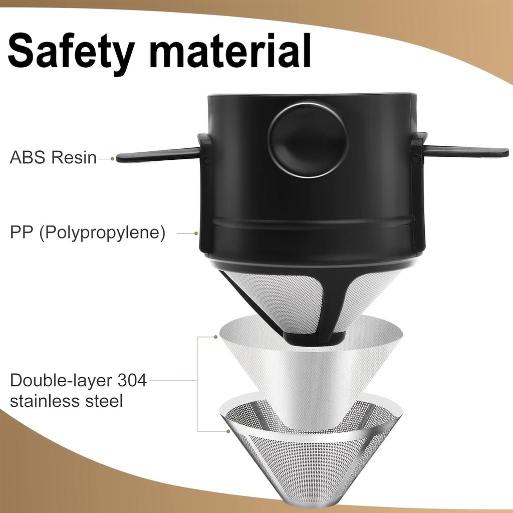 Pour Over Coffee Dripper with Spoon, Reusable Stainless Steel Pour Over Coffee Filters, Easy to Clean Camping Coffee Filter