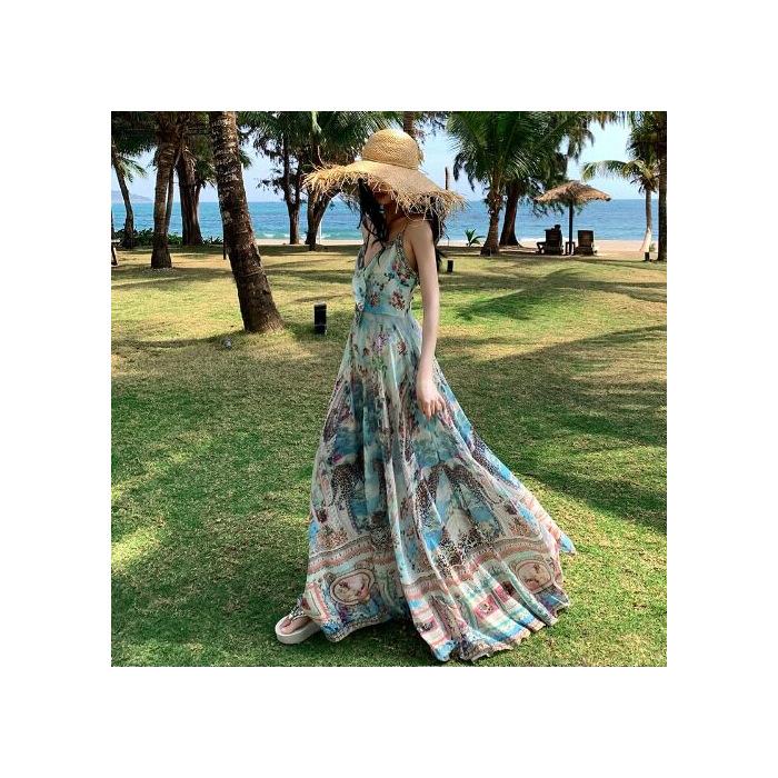 Bohemian French floral suspender dress women s Thai holiday dress loose long dress temperament high waist swing dress S