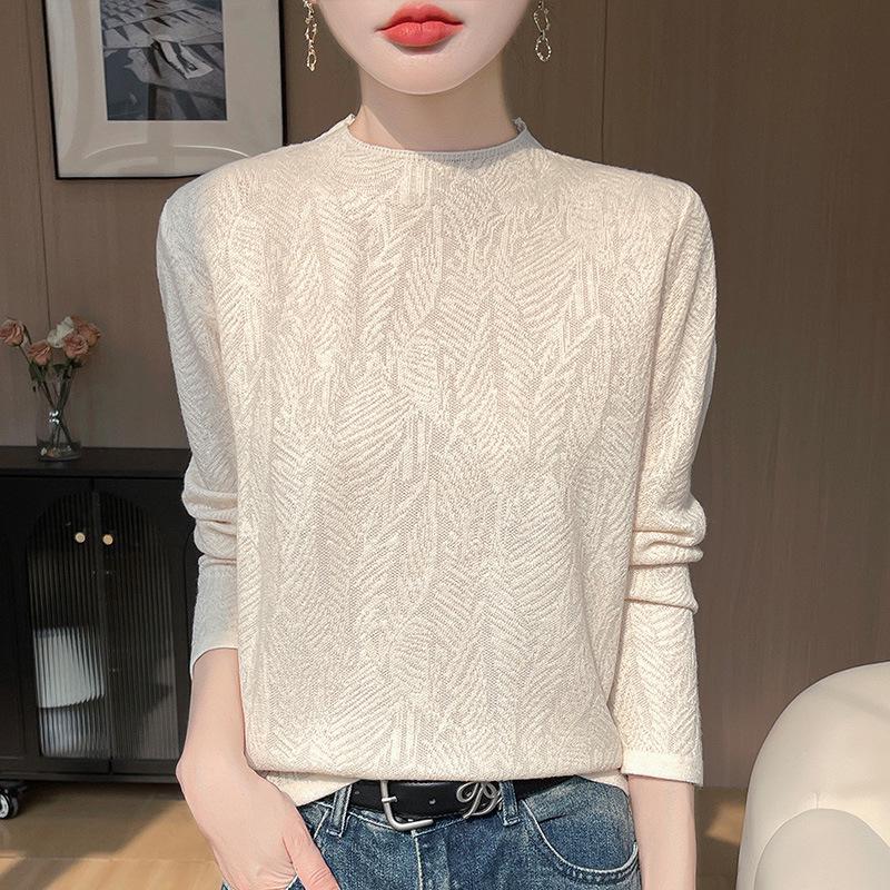 

Женский трикотаж из тонкой мериносовой шерсти с жаккардовым узором в виде листьев, с длинным рукавом - Весенняя коллекция 2025 XL грязно-белый