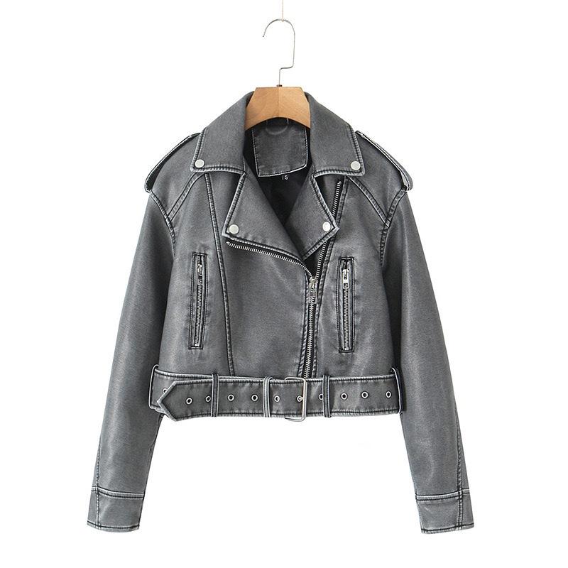 Women Oversized Vintage Loose Pu Faux Leather Short Jacket with Belt Streetwear Female Zipper Retro Moto Biker Coat Outwear