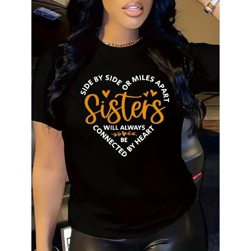 

Women s Heart Sisters Print Color Block T-Shirt Casual Crew Neck Regular Fit All Season Top 4XL